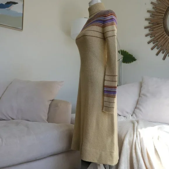 Vintage Bargello Knitted Camel Colored Striped Turtleneck Sweater Dress - Picture 4 of 11